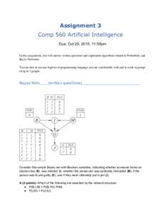 Assignment 3 Comp 560 Artificial Intelligence Due: Oct 29, 2015, 11:59pm In this assignment, you will answer written questions and implement algorithms related to Probability and Bayes Networks. You are free to use any h