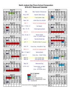 North Judson-San Pierre School CorporationBalanced Calendar Aug-16 S M T W T 1