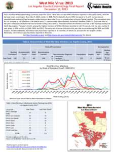 West Nile Virus: 2013  Los Angeles County Epidemiology Final Report December 19, 2013 This is the final WNV epidemiology summary report for[removed]There were no new WNV infections reported in the past 2 weeks, with the la