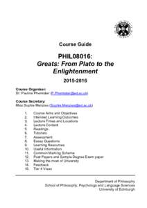 Course Guide  PHIL08016: Greats: From Plato to the Enlightenment