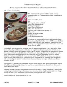 Article from Saveur Magazine…. For this recipe use either Malone Red (Order #17512C) or Hugo Grey (Order #17510C). p.16 Chicken Cooked in Clay This recipe originally appeared in Italian Family Cooking (Random House, 19