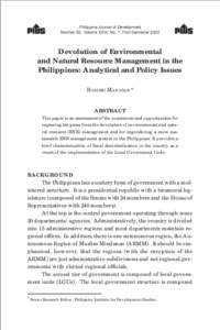 MANASAN : Devolution of ENR Management Philippine Journal of Development Number 53, Volume XXIX, No. 1, First Semester 2002