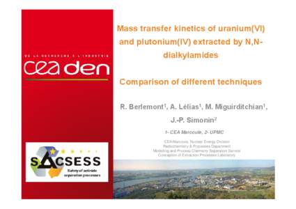 Mass transfer kinetics of uranium(VI) and plutonium(IV) extracted by N,Ndialkylamides Comparison of different techniques R. Berlemont1, A. Lélias1, M. Miguirditchian1, J.-P. Simonin2 1- CEA Marcoule, 2- UPMC