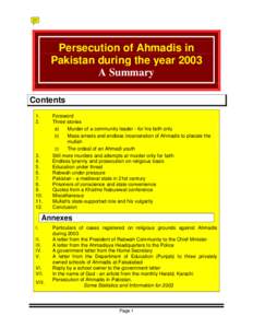 Persecution of Ahmadis in Pakistan during the year 2003 A Summary Contents 1. 2.