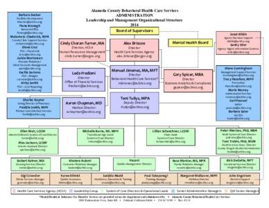 Alameda County Behavioral Health Care Services ADMINISTRATION Leadership and Management Organizational Structure 2014 Board of Supervisors