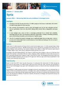 Bulletin 1 — JanuarySyria January 2016 — Worsening food security conditions in besieged areas Highlights  According to the Food Security Assessment, 6.3 million people are food insecure nationwide, with ano