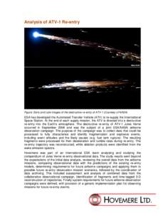 Analysis of ATV-1 Re-entry  Figure: Early and Late Images of the destructive re-entry of ATV-1 (Courtesy of NASA) ESA has developed the Automated Transfer Vehicle (ATV) to re-supply the International Space Station. At th
