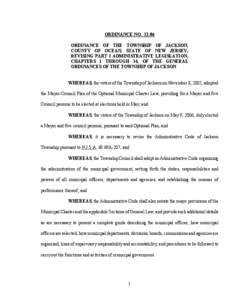 ORDINANCE NO[removed]ORDINANCE OF THE TOWNSHIP OF JACKSON, COUNTY OF OCEAN, STATE OF NEW JERSEY, REVISING PART I ADMINISTRATIVE LEGISLATION, CHAPTERS 1 THROUGH 34, OF THE GENERAL ORDINANCES OF THE TOWNSHIP OF JACKSON