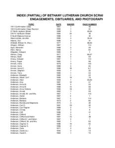INDEX (PARTIAL) OF BETHANY LUTHERAN CHURCH SCRAP ENGAGEMENTS, OBITUARIES, AND PHOTOGRAPH TOPIC 1911 Confirmation Class 1912 Confirmation Class Reunion 27 North Jackson Street