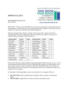 MARCH 6-8, 2015 FOR IMMEDIATE RELEASE Feb. 20, 2015 www.onebooktwobook.org