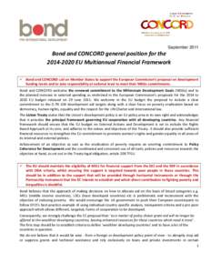 SeptemberBond and CONCORD general position for theEU Multiannual Financial Framework  Bond and CONCORD call on Member States to support the European Commission’s proposal on development funding lev