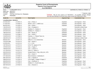 Superior Court of Pennsylvania Superior Court Argument Lists As of[removed]Panel: Begin Date: End Date: