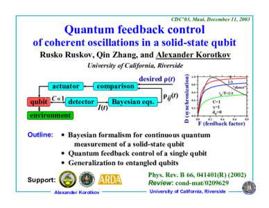 CDC’03, Maui, December 11, 2003  Quantum feedback control of coherent oscillations in a solid-state qubit Rusko Ruskov, Qin Zhang, and Alexander Korotkov