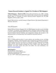 Nomura Research Institute to Appoint New President of NRI Singapore