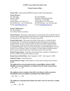 FY2007 Conservation Innovation Grant Project Summary Sheet Project Title: 