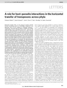 Vol 464 | 29 April 2010 | doi:nature08939  LETTERS A role for host–parasite interactions in the horizontal transfer of transposons across phyla Cle´ment Gilbert1*, Sarah Schaack1*, John K. Pace II1, Paul J. Br