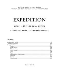 University of Pennsylvania Museum of Archaeology and Anthropology Expedition Vols. 1––2014) Index Comprehensive Listing of Articles