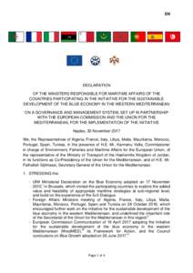 EN  DECLARATION OF THE MINISTERS RESPONSIBLE FOR MARITIME AFFAIRS OF THE COUNTRIES PARTICIPATING IN THE INITIATIVE FOR THE SUSTAINABLE DEVELOPMENT OF THE BLUE ECONOMY IN THE WESTERN MEDITERRANEAN