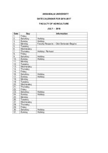 ANNAMALAI UNIVERSITY DATE CALENDAR FORFACULTY OF AGRICULTURE JULY – 2016 Date 1.