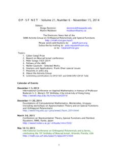    O P - S F N E T - Volume 21, Number 6 – November 15, 2014 Editors: Diego Dominici Martin Muldoon