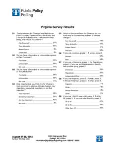 Virginia Survey Results Q1 The candidates for Governor are Republican Ken Cuccinelli, Democrat Terry McAuliffe, and Libertarian Robert Sarvis. If the election was