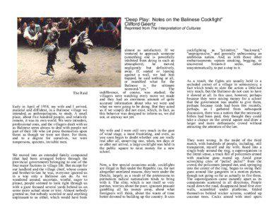 “Deep Play: Notes on the Balinese Cockfight” Clifford Geertz Reprinted from The Interpretation of Cultures