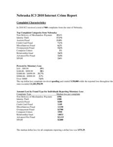 Nebraska IC3 2010 Internet Crime Report Complaint Characteristics In 2010 IC3 received a total of 960 complaints from the state of Nebraska. Top Complaint Categories from Nebraska Non Delivery of Merchandise /Payment 25.