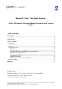 Research Project Participant Summary Quality of Life among Individuals Diagnosed with an Acoustic Neuroma (Study 2) Table of Contents INTRODUCTION .........................................................................