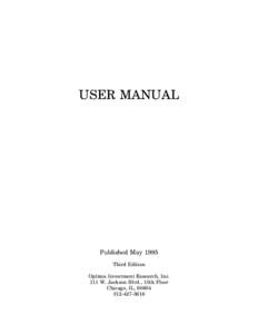 USER MANUAL  Published May 1995 Third Edition Optima Investment Research, Inc. 111 W. Jackson Blvd., 15th Floor