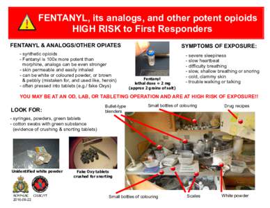 FENTANYL, its analogs, and other potent opioids HIGH RISK to First Responders FENTANYL & ANALOGS/OTHER OPIATES - synthetic opioids - Fentanyl is 100x more potent than morphine, analogs can be even stronger