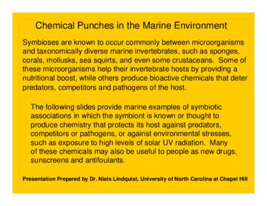 Chemical Punches in the Marine Environment Symbioses are known to occur commonly between microorganisms and taxonomically diverse marine invertebrates, such as sponges, corals, mollusks, sea squirts, and even some crusta