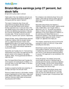 Bristol-Myers earnings jump 27 percent, but stock falls