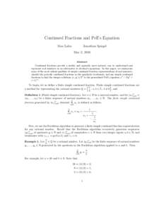 Continued Fractions and Pell’s Equation Max Lahn Jonathan Spiegel May 2, 2016 Abstract