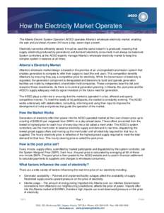 How the Electricity Market Operates The Alberta Electric System Operator (AESO) operates Alberta’s wholesale electricity market, enabling the sale and purchase of power 24 hours a day, seven days a week. Electricity ca