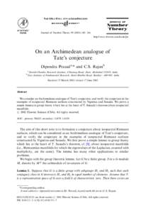 Journal of Number Theory[removed]–184  http://www.elsevier.com/locate/jnt On an Archimedean analogue of Tate’s conjecture