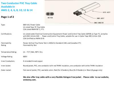 Two Conductor PVC Tray Cable Available in AWG 2, 4, 6, 8, 10, 12 & 14 Page 1 of 2 Type: