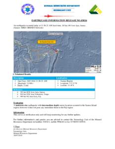 MINERAL RESOURCES DEPARTMENT  Seismology Unit EARTHQUAKE INFORMATION RELEASE NOAn earthquake occurred today at 11:56:21 AM local time, 202 km SW from Apia, Samoa.