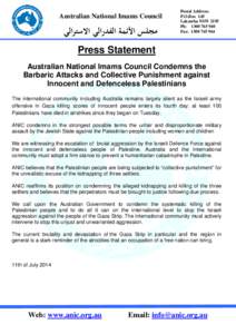 Microsoft Word - Australian National Imams Council Condemns the Barbaric Attacks and Collective Punishment against Innocent and