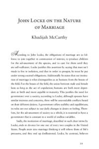 John Locke on the Nature of Marriage Khadijah McCarthy A