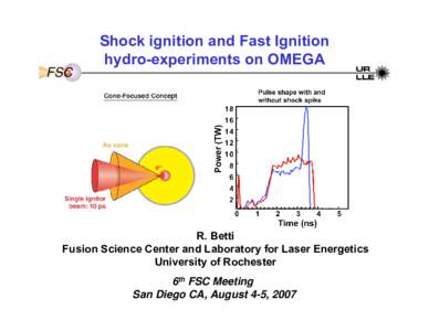 Shock ignition and Fast Ignition hydro-experiments on OMEGA FSC R. Betti Fusion Science Center and Laboratory for Laser Energetics