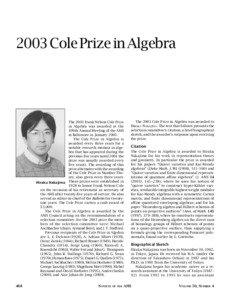 2003 Cole Prize in Algebra  The 2003 Frank Nelson Cole Prize