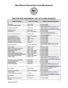NEW MEXICO HIGHER EDUCATION DEPARTMENT  PRIVATE POST-SECONDARY LIST OF CLOSED SCHOOLS NAME OF SCHOOL:  A