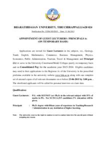 BHARATHIDASAN UNIVERSITY, TIRUCHIRAPPALLINotification NoH5/2015, Date: APPOINTMENT OF GUEST LECTURERS / PRINCIPALS i/c