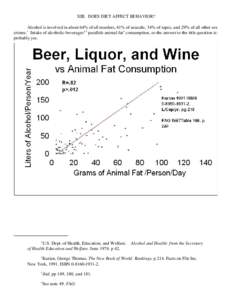 XIII. DOES DIET AFFECT BEHAVIOR? Alcohol is involved in about 64% of all murders, 41% of assaults, 34% of rapes, and 29% of all other sex crimes. Intake of alcoholic beverages2,3 parallels animal fat4 consumption, so the