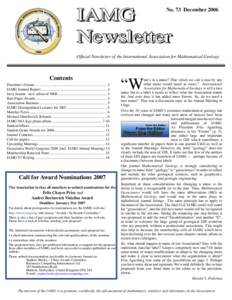 IAMG Newsletter No. 73 December[removed]Ofﬁcial Newsletter of the International Association for Mathematical Geology