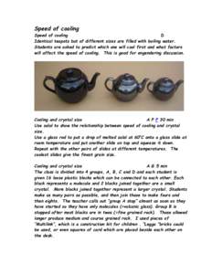 Speed of cooling Speed of cooling D Identical teapots but of different sizes are filled with boiling water. Students are asked to predict which one will cool first and what factors will affect the speed of cooling. This 