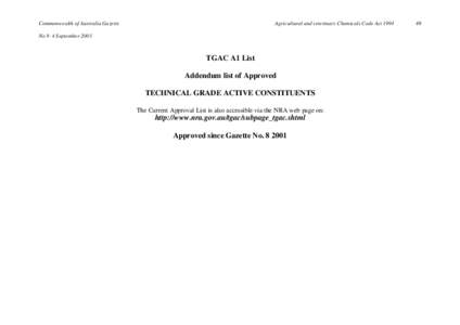 Addendum List of Approved Active Constituents - APVMA Gazette 9, 4 September 2001