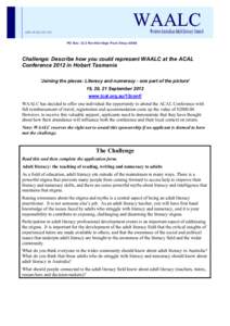 WAALC  Western Australian Adult Literacy Council ABNPO Box 313 Northbridge Post Shop 6865