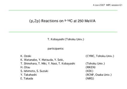 4-Jun-2007 INPC session-G1  (p,2p) Reactions on 9-16C at 250 MeV/A T. Kobayashi (Tohoku Univ.) participants: