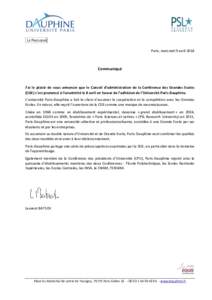 LE PRESIDENT Paris, mercredi 9 avril 2014 Communiqué  J’ai le plaisir de vous annoncer que le Conseil d’administration de la Conférence des Grandes Ecoles